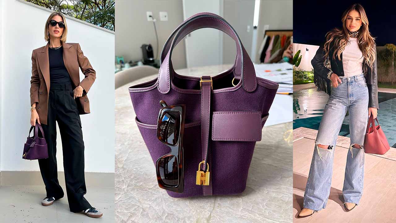 Montagem com duas fotos de mulheres usando bolsas de luxo da Hermès.