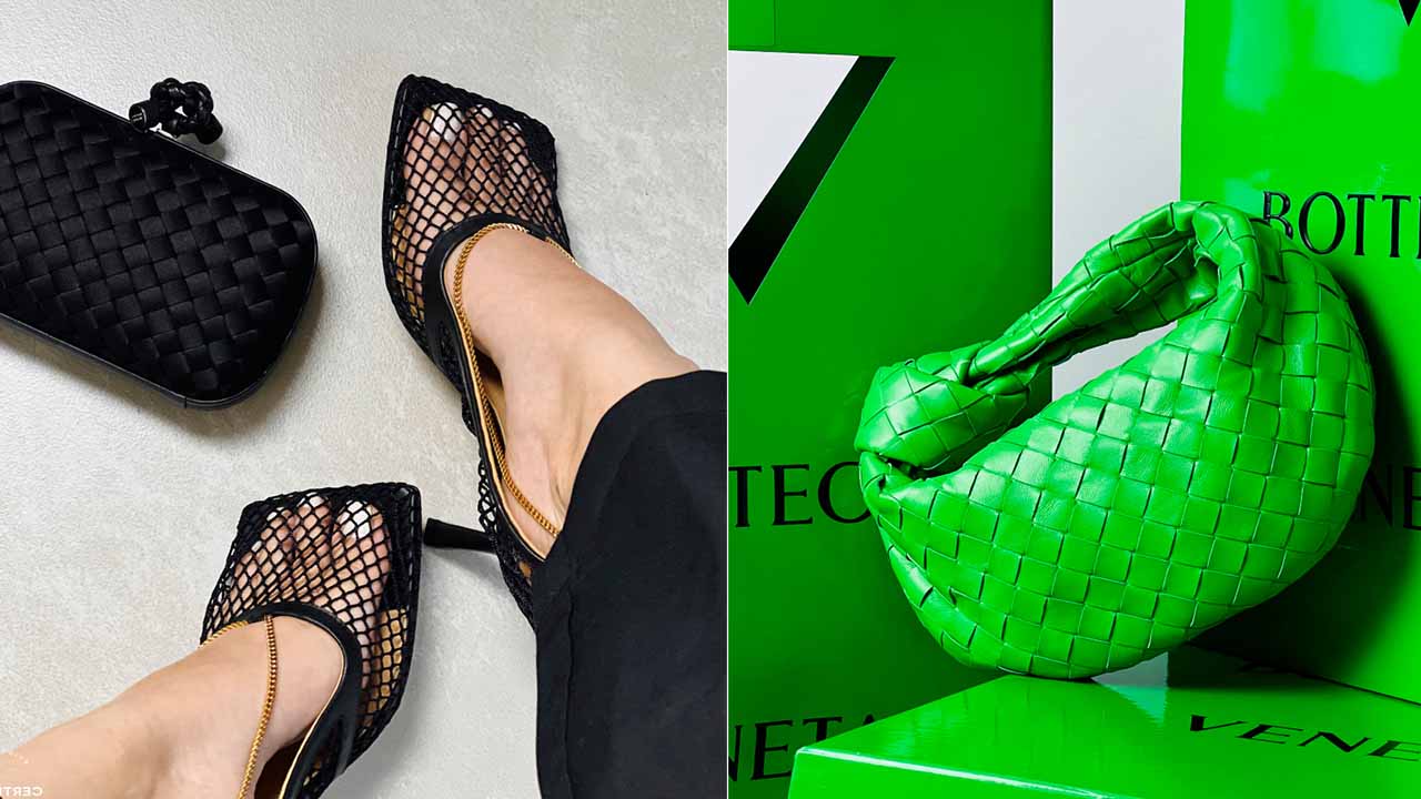 Montagem com duas fotos de sapato e bolsa Bottega Veneta.