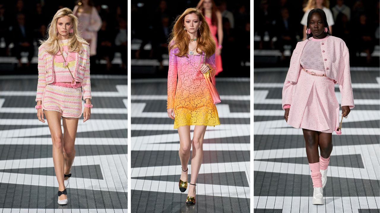 três imagens com modelos desfilando modelos da Chanel 