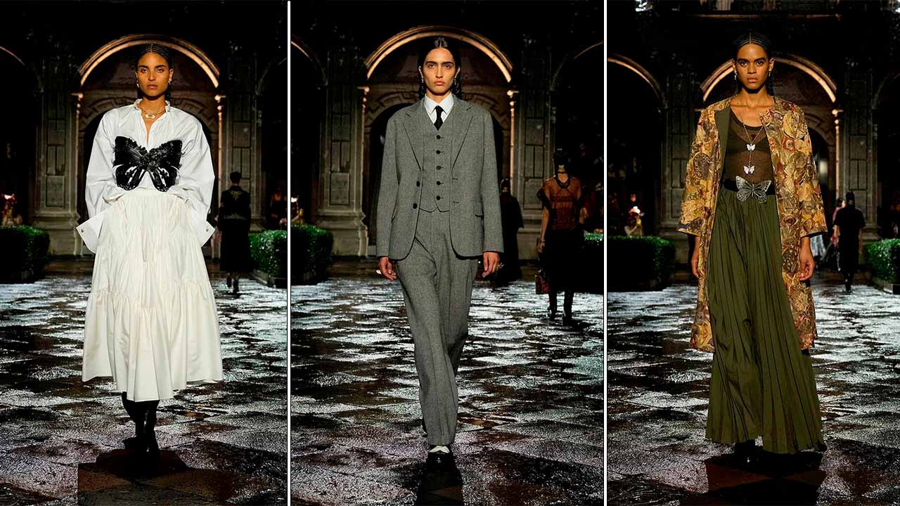 Montagem com três fotos de looks Christian Dior Cruise 2024.