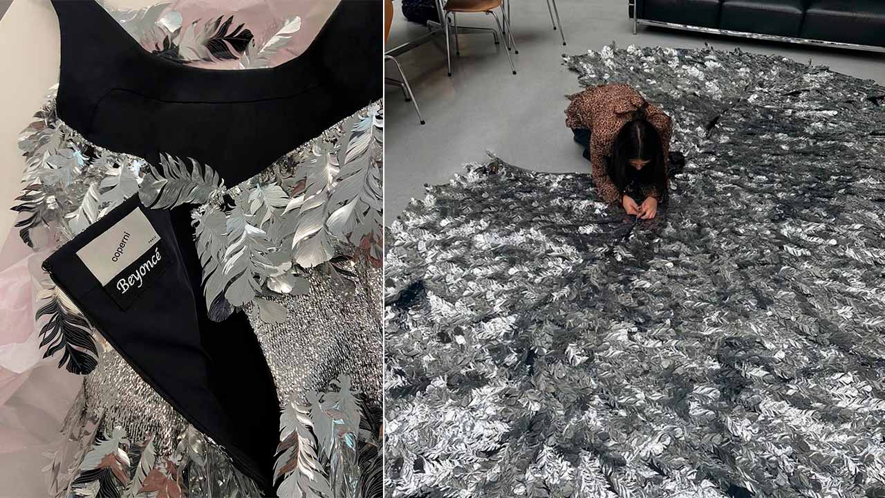 Montagem com duas fotos do figurino da Beyoncé criado pela Coperni.