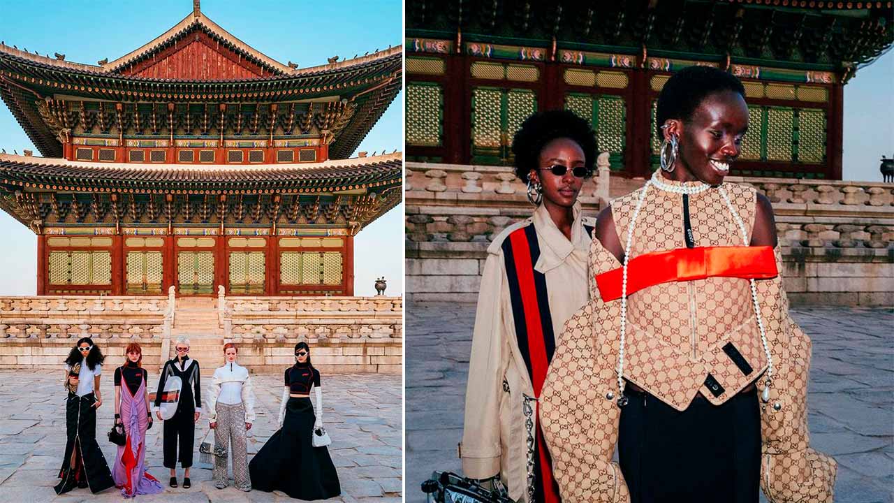 Montagem com duas fotos do Desfile Gucci Cruise 2024 na Coréia.