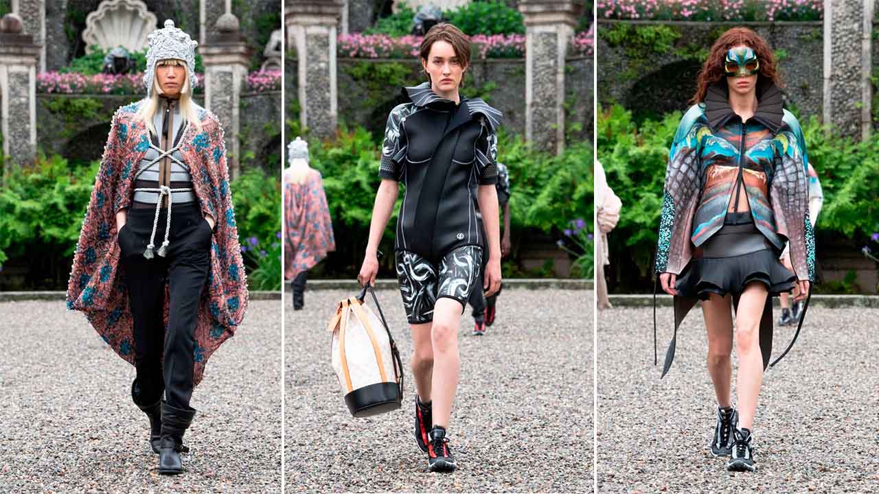 Montagem com três fotos de looks da Louis Vuitton Cruise 2024.