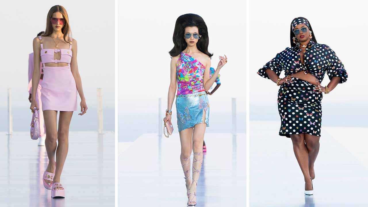 Montagem com três looks do desfile Versace com Dua Lipa.