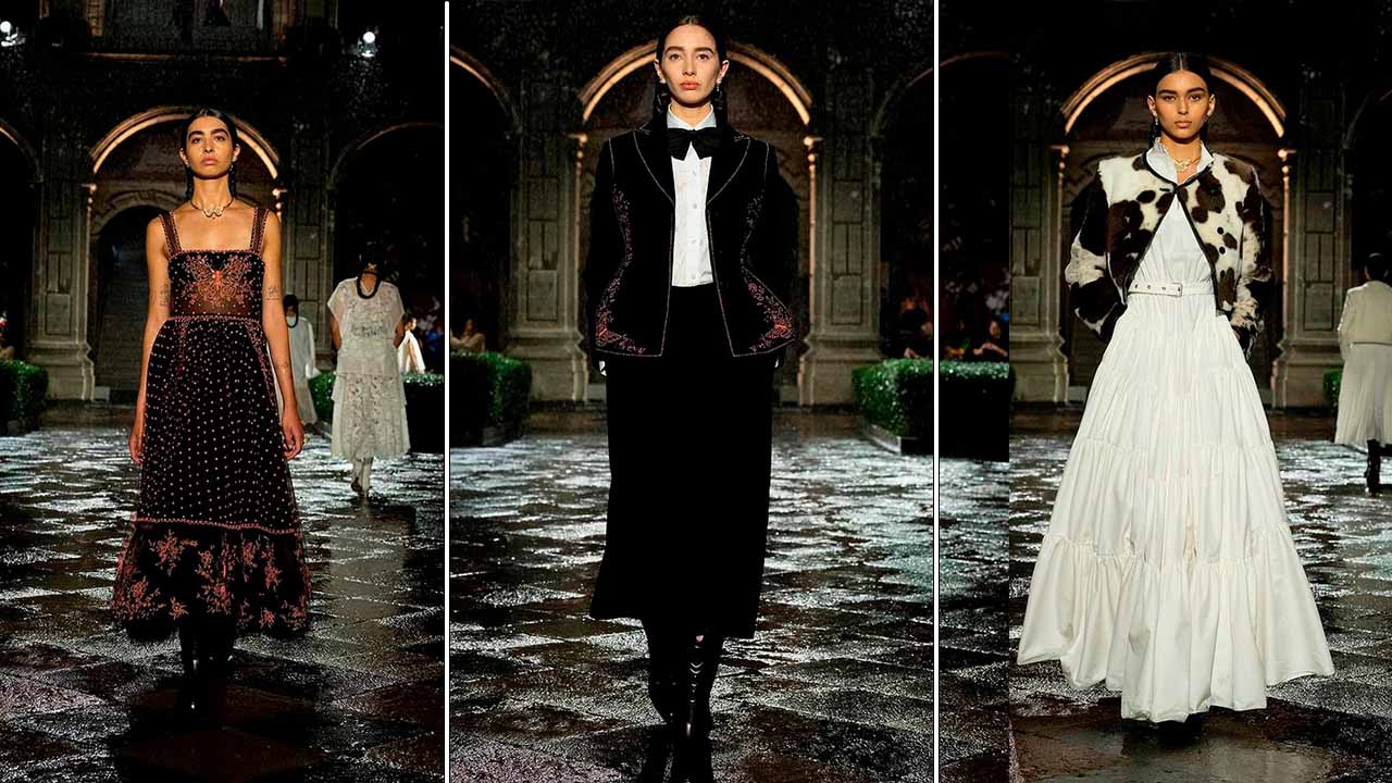 Montagem com três fotos de looks do desfile Christian Dior Cruise 2024.