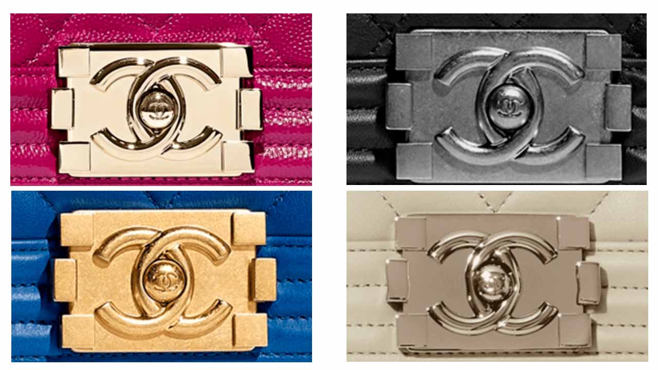 Montagem com os fechos da bolsa Chanel Boy.