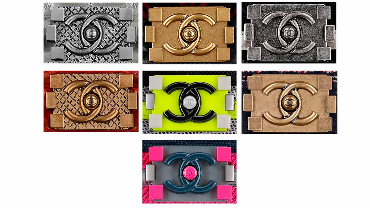 Montagem com os fechos da bolsa Chanel Boy.