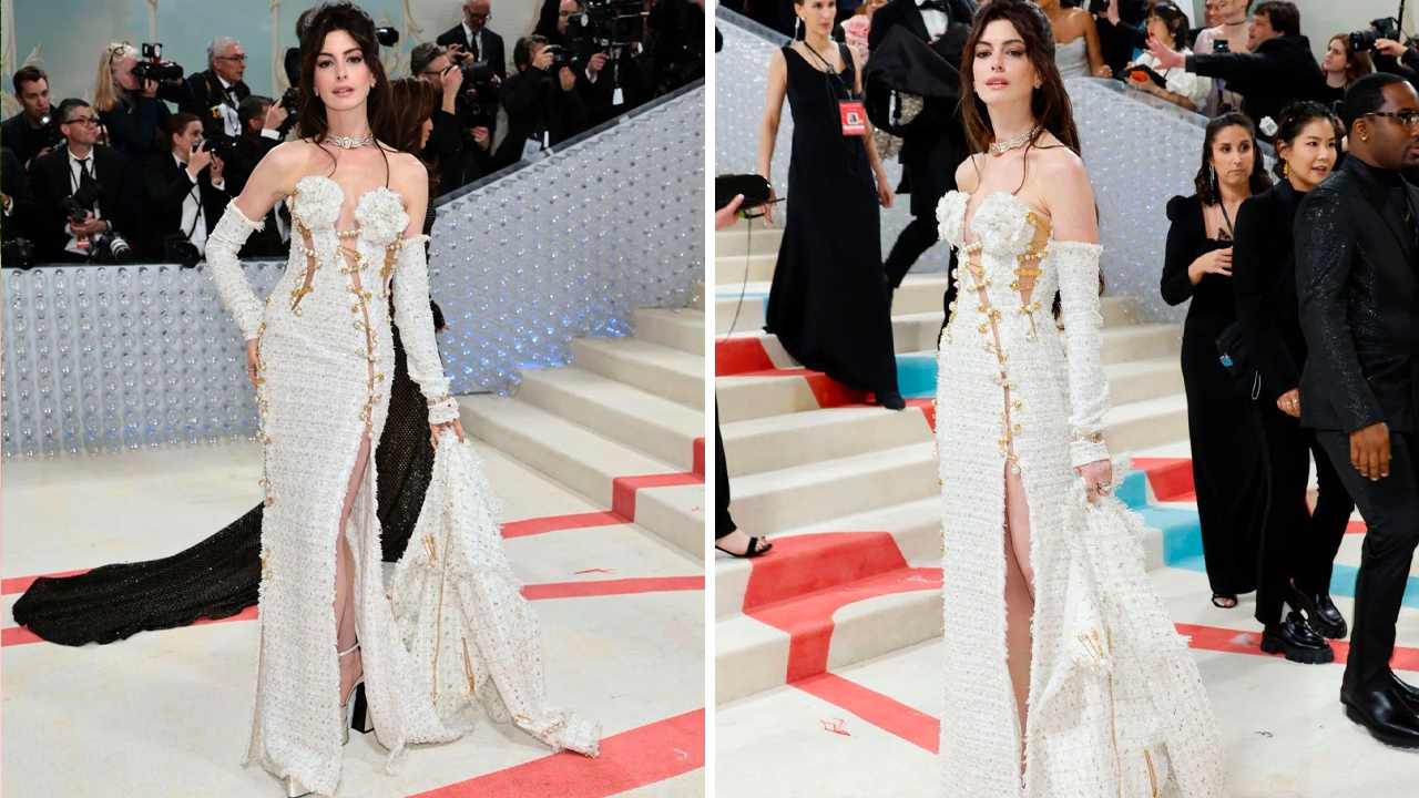 Anne Hathaway vestido Versace no Met Gala. (Fotos: Reprodução/Instagram @hautecoutu.re)