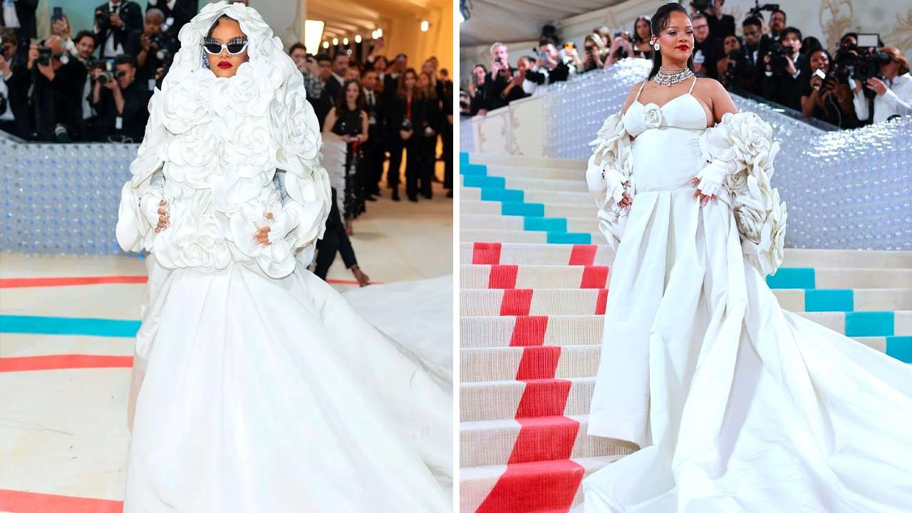 Rihanna vestido Valentino no Met Gala. (Foto 1: Reprodução/Instagram @ellehungary; Foto 2: Reprodução/Instagram @refinery29uk)
