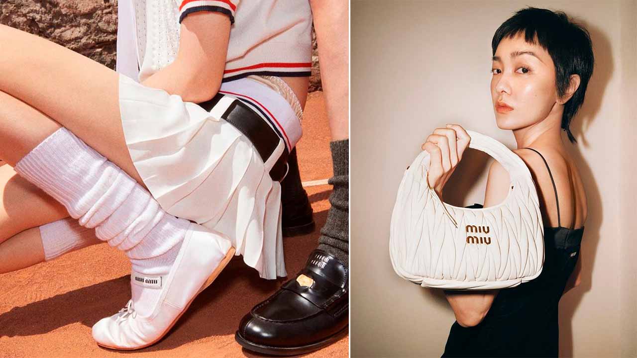 Montagem com duas fotos de campanhas da Miu MIu,
