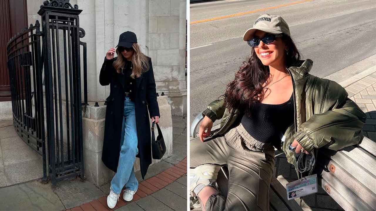 Montagem com foto de duas mulheres usando boné.