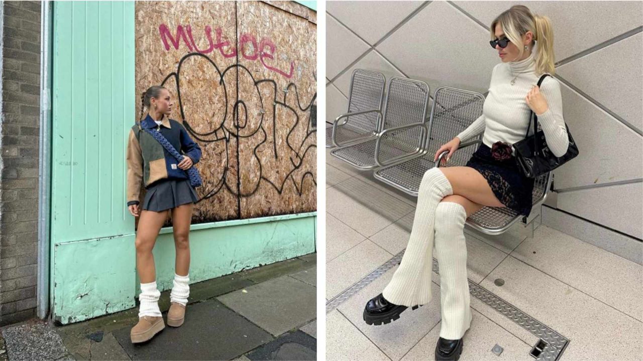 Montagem com duas fotos de mulheres usando polainas.