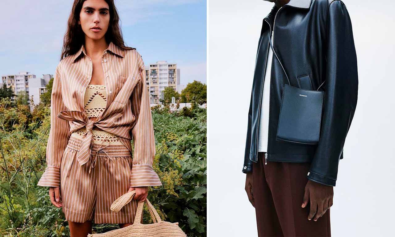 Montagem com duas fotos de looks da marca Sandro Paris.