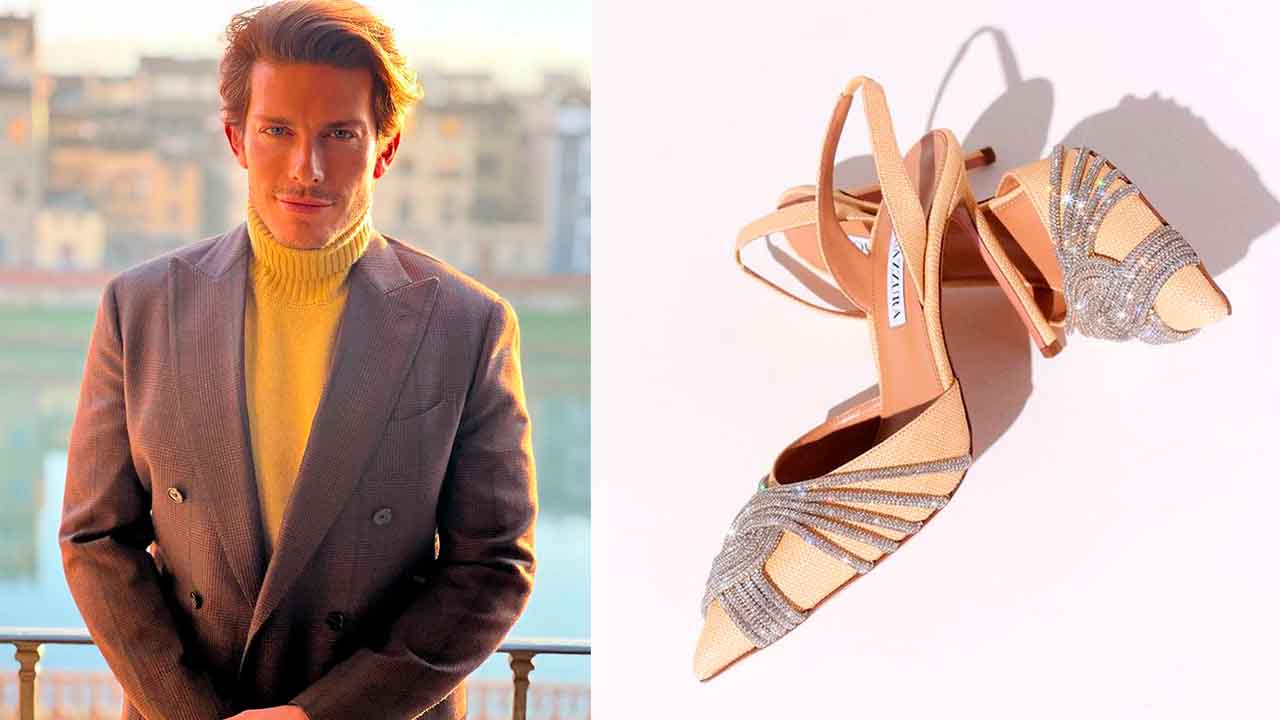Montagem com foto do fundador da marca de sapatos de luxo aquazzura.