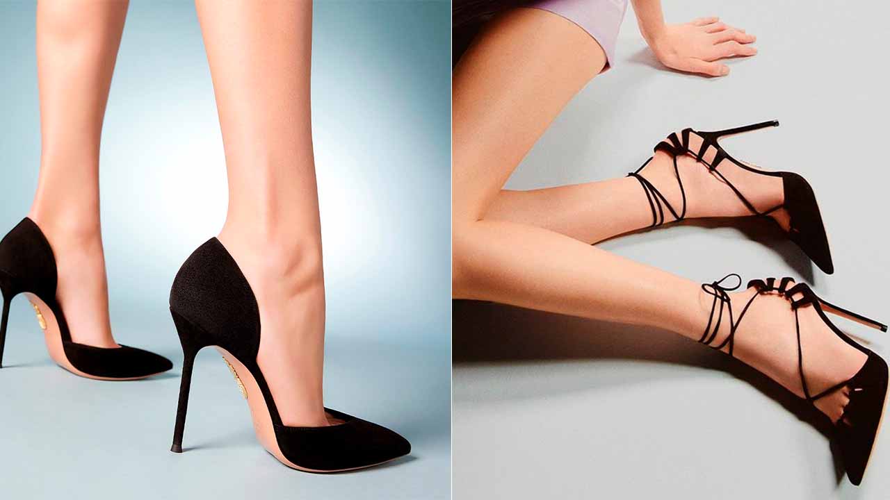 Montagem com duas fotos de sapatos aquazzura marca de luxo.