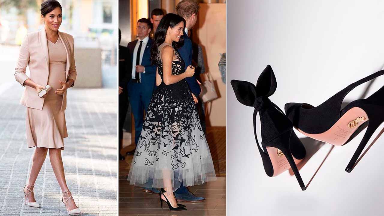 Montagem com três fotos de sapatos da luxo Aquazzura.