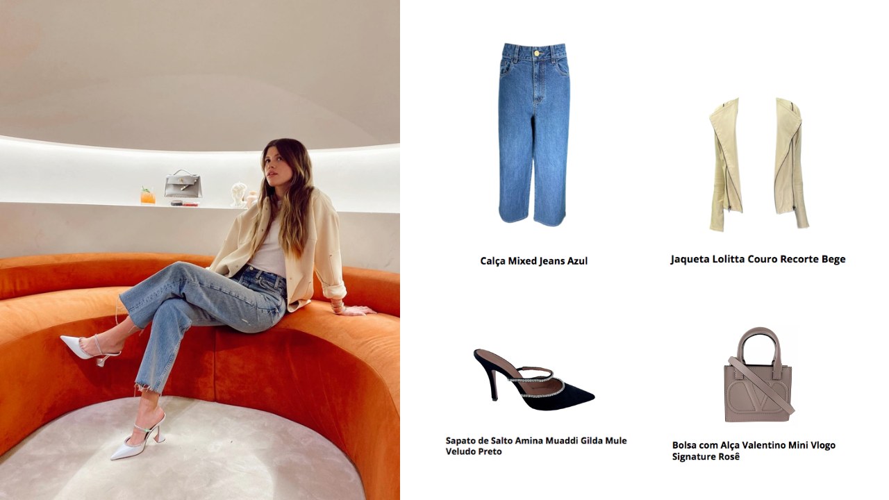 mulher usando blusa branca por baixo de jaqueta creme e calça jeans azul clara. Nos pés um Scarpin branco com brilho.
