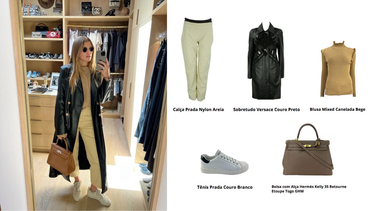 mulher usando blusa bege canelada e calça creme com um sobretudo preto de couro por cima. Utiliza-se também um tênis branco, óculos de sol e uma bolsa Kelly marrom