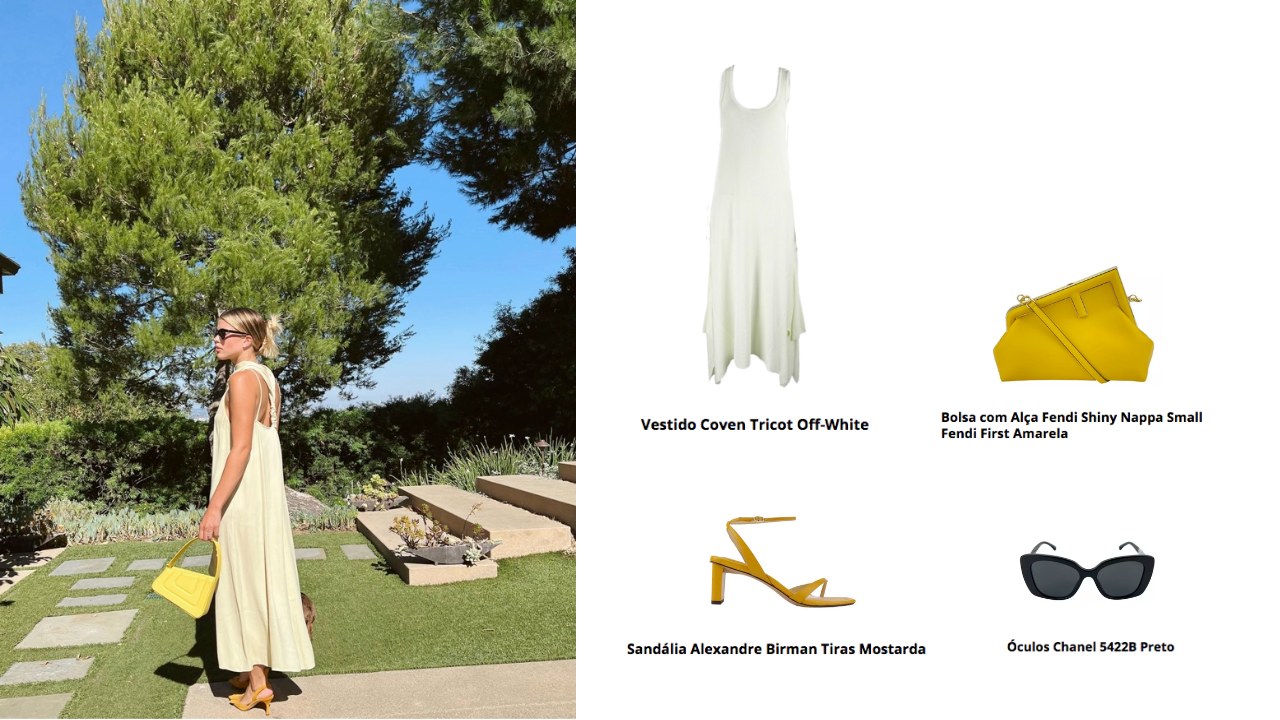 mulher usando vestido longo amarelo pastel, com bolsa amarela e salto amarelo. Utiliza também óculos de sol e cabelo preso. 