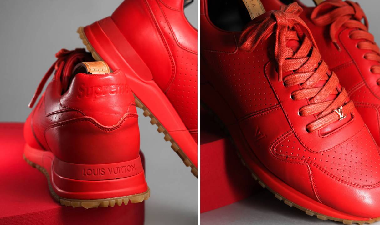 Fotos do tênis Run Away Red Gum feito em colaboração entre as marcas streetwear de luxo Supreme e Louis Vuitton.