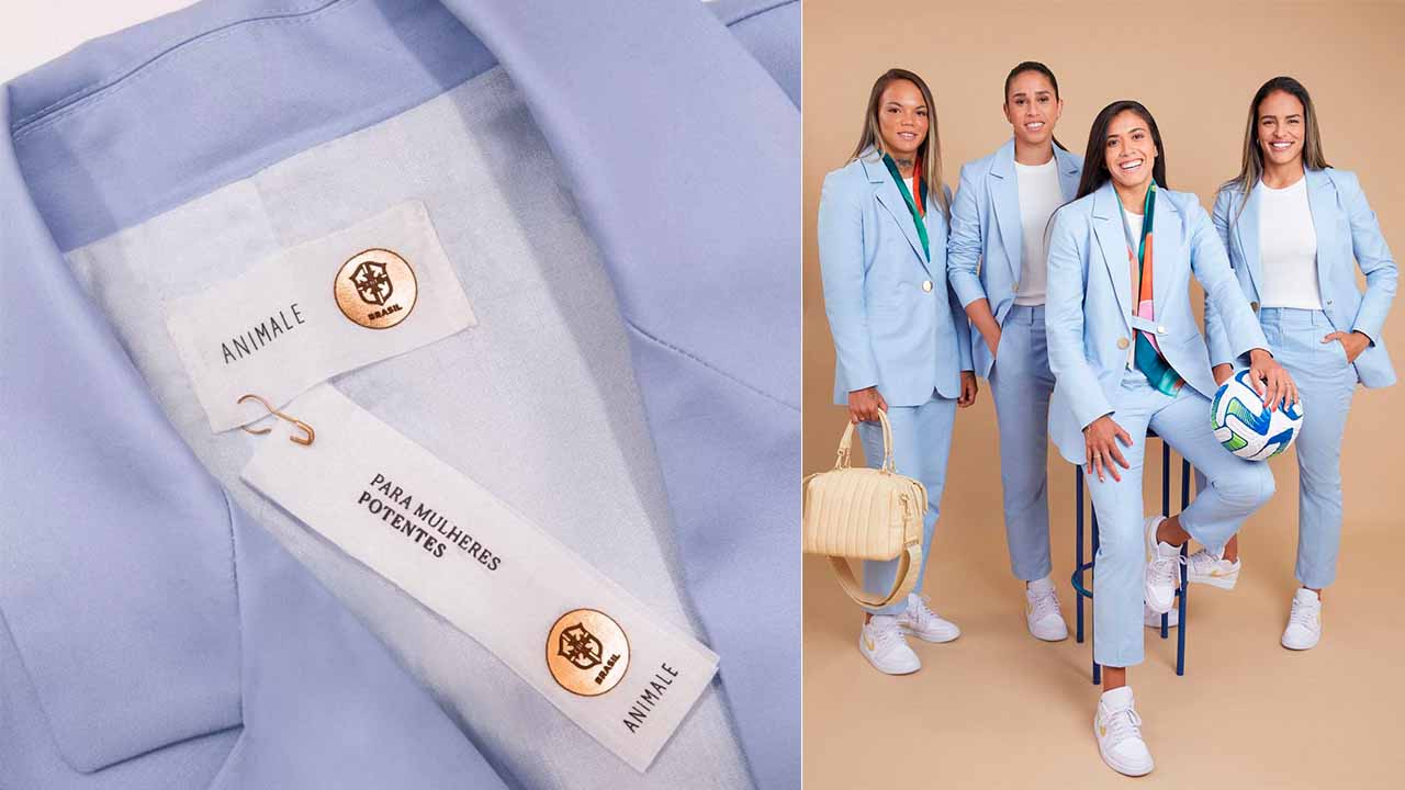 Montagem com duas fotos de alfaiataria Animle para a seleção feminina.