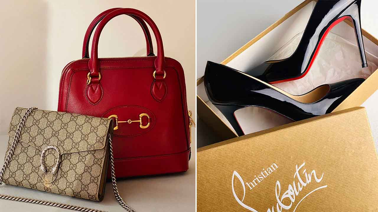 Bolsas de luxo e sapatos Louboutin.