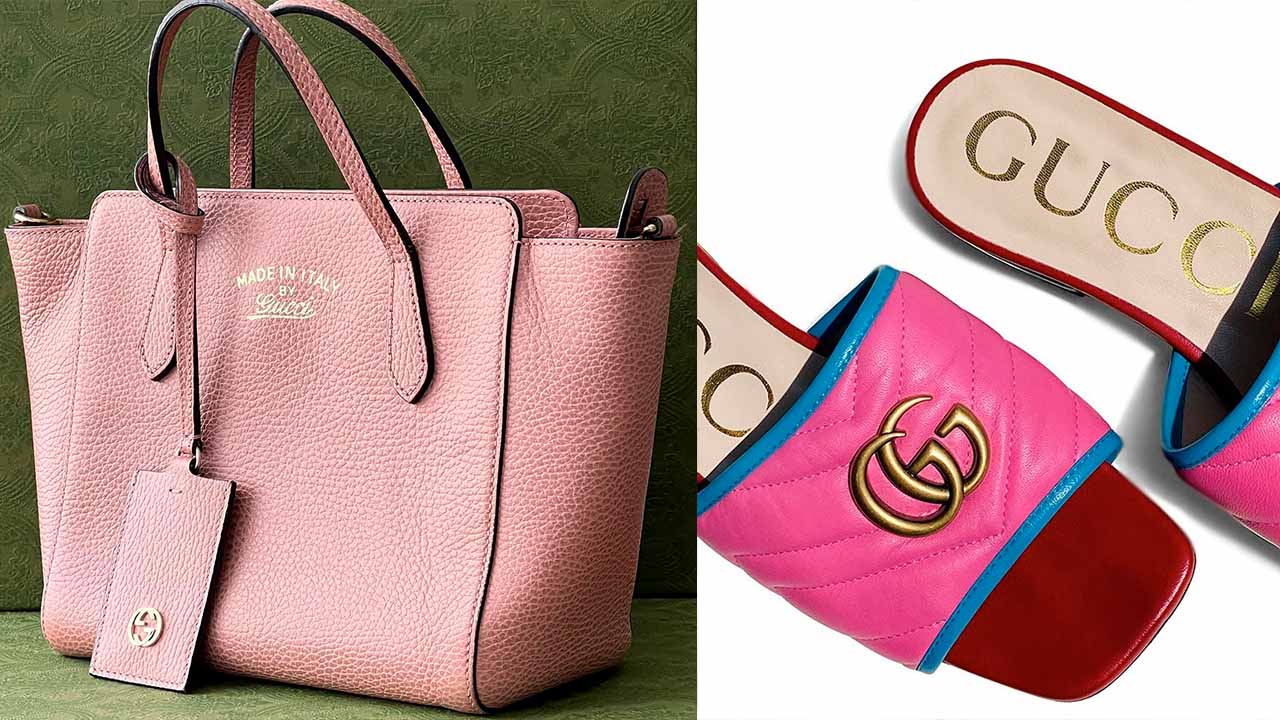 Bolsa e slide Gucci.