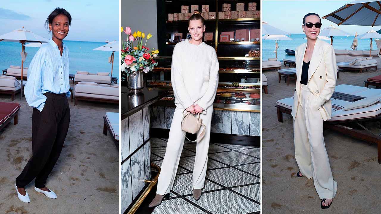 Montagem com três looks quiet luxury da marca Loro Piana.
