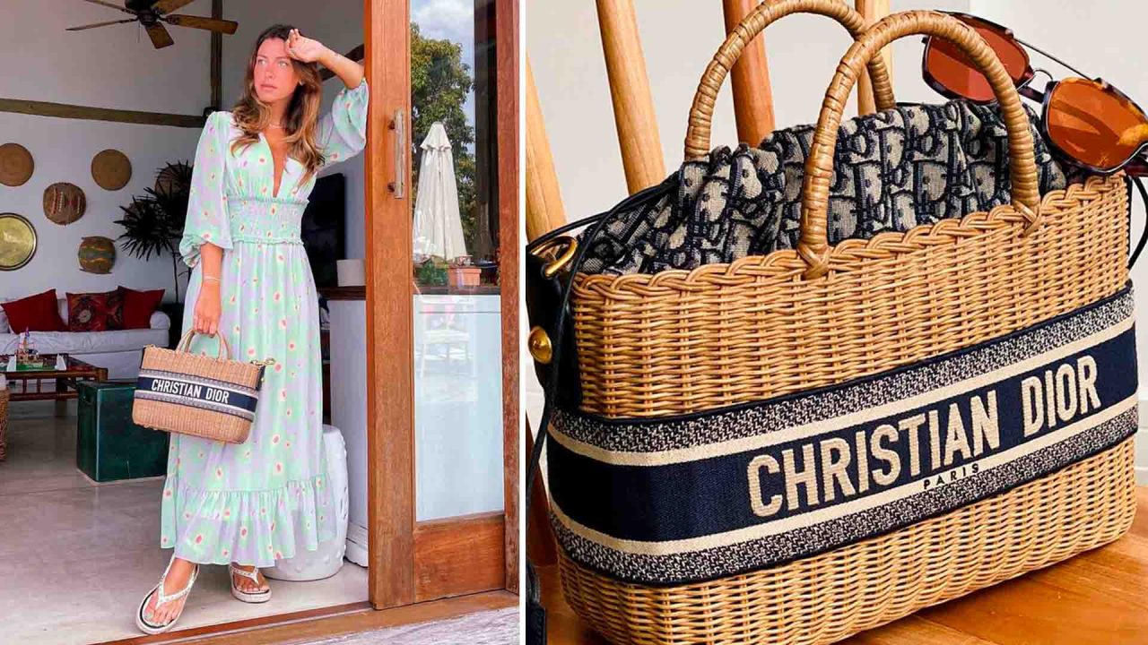 Bolsa de luxo de palha de ráfia Dior Oblique.
