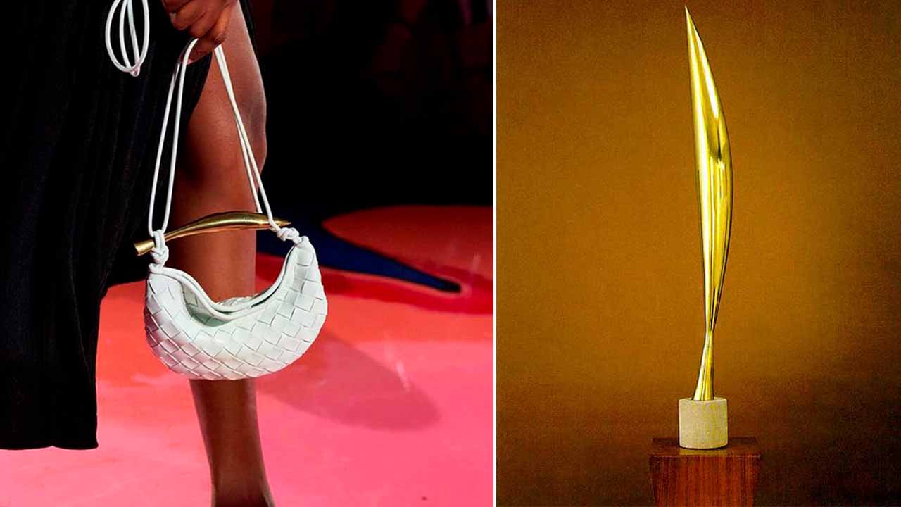 Bolsa Bottega Veneta Sardine e escultura Pássaro no Espaço.