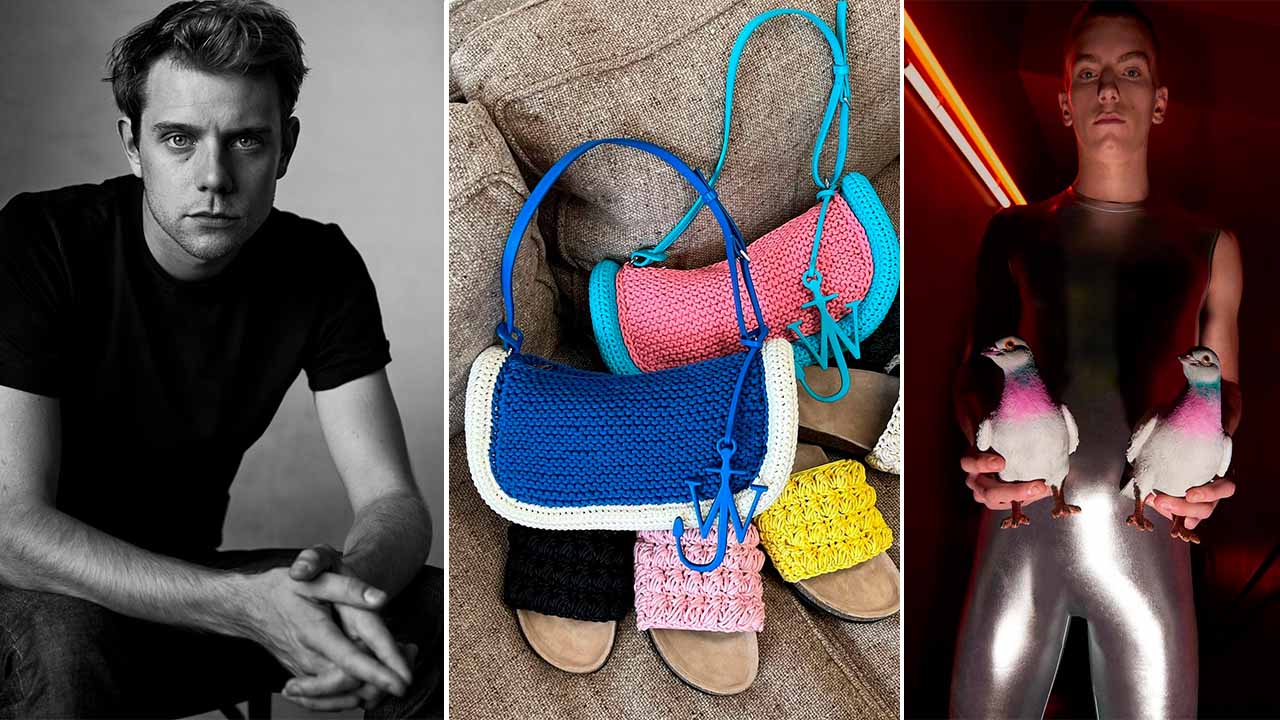 Montagem com a foto do estilista JW Anderson e suas criações.