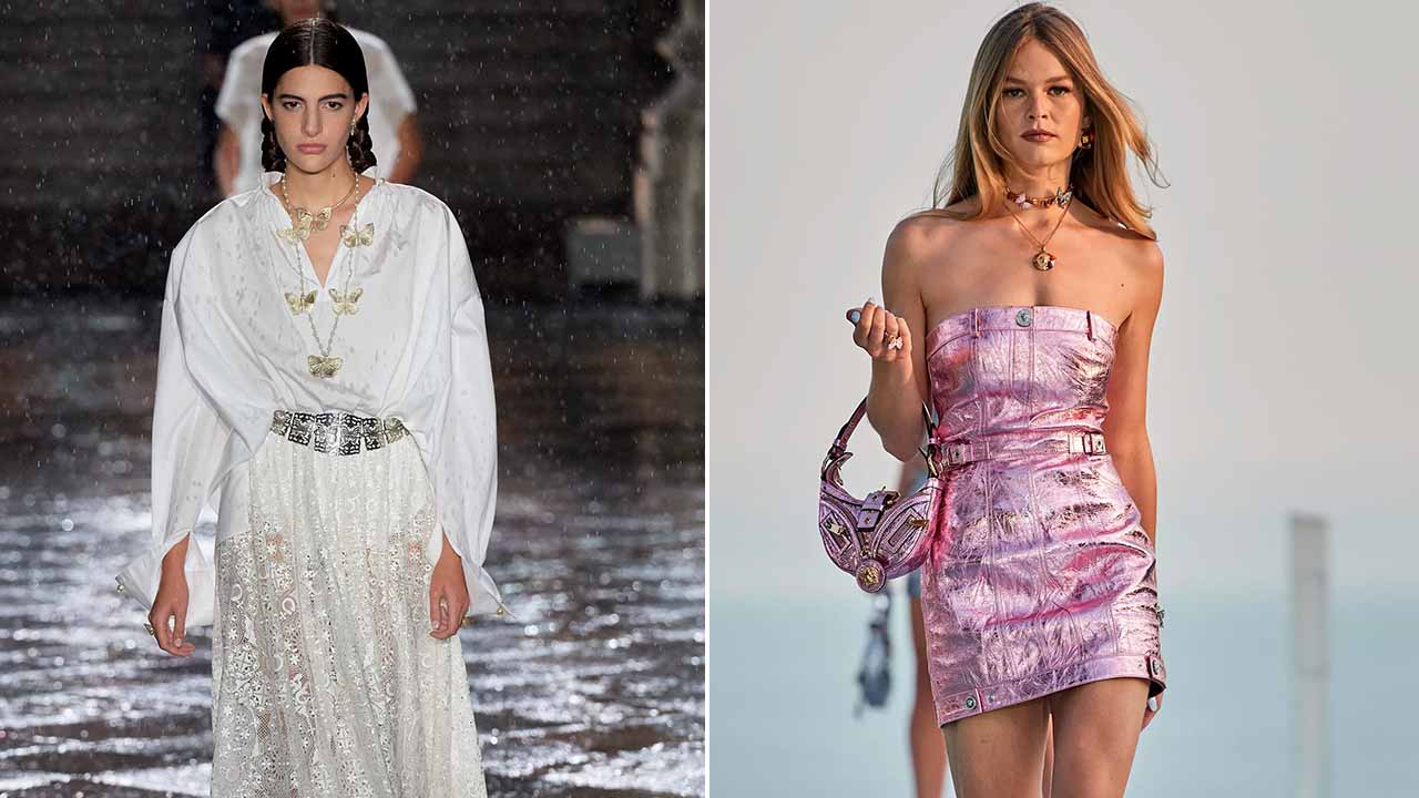 Montagem com foto de desfiles de marcas de luxo Dior e Versace.