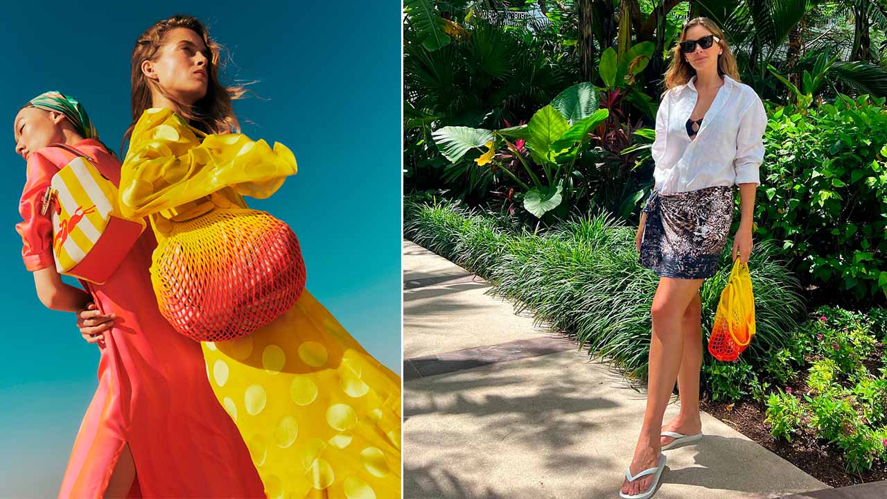 Montagem com duasn fotos de mulheres usando Bolsa Longchamp Le Pliage Filet.