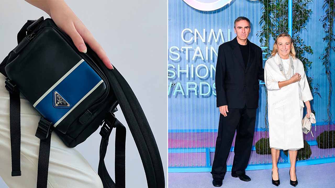 Montagem com duas fotos: Bolsa de Nylon Prada e raf Simons e Miuccia Prada.