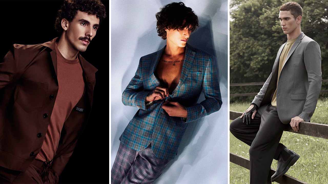 Montagem com três fotos de homens usando alfaiataria de Ricardo Almeida.