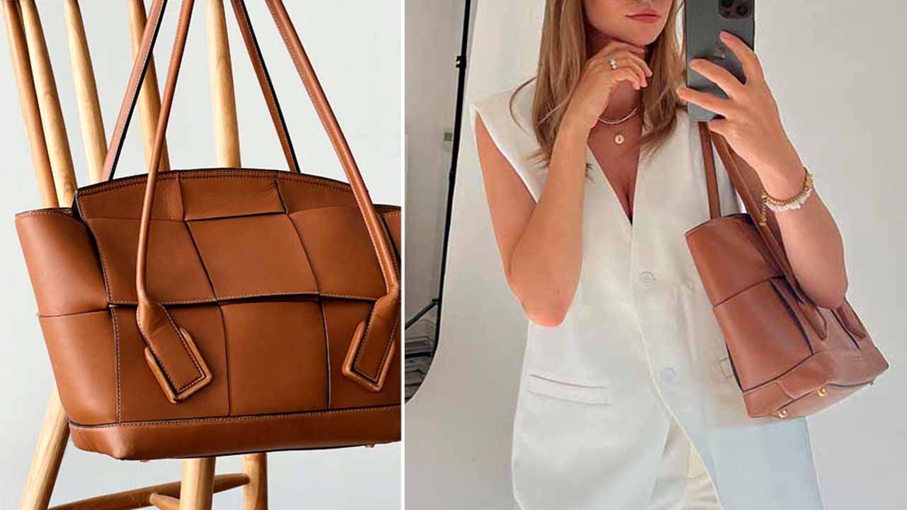 O modelo Arco Tote da Bottega Veneta é uma das bolsas de luxo que cabem laptopes e macbooks.
