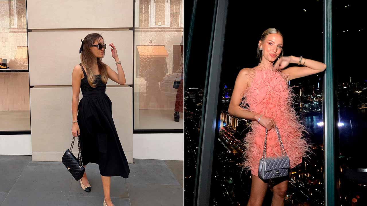 A chanel double flap é um dos modelos de bolsas de luxo para usar com vestidos.