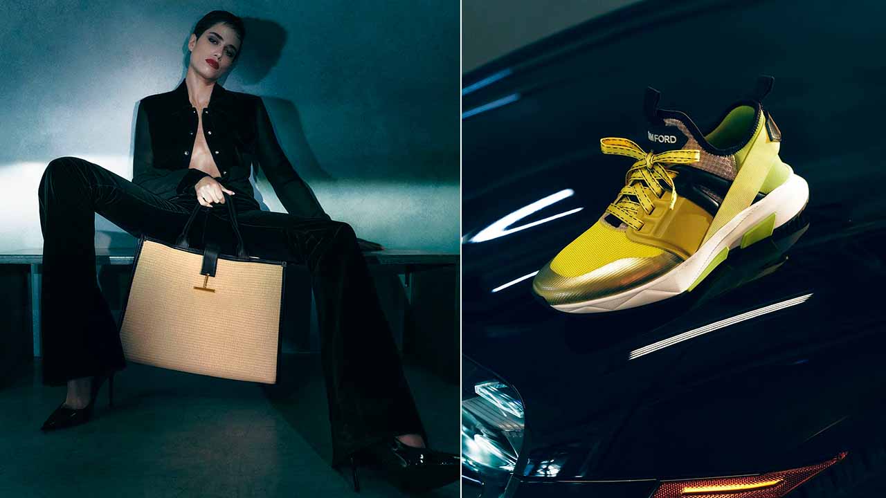 Bolsa, terno e tênis Tom Ford.