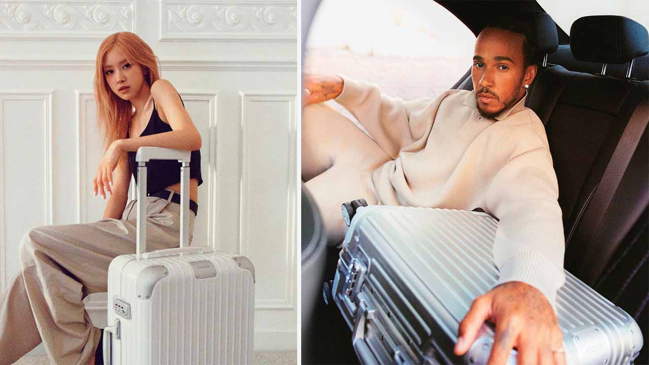 O piloto Lewis Hamilton e a estrela k-pop Rose na nova campanha da Rimowa.