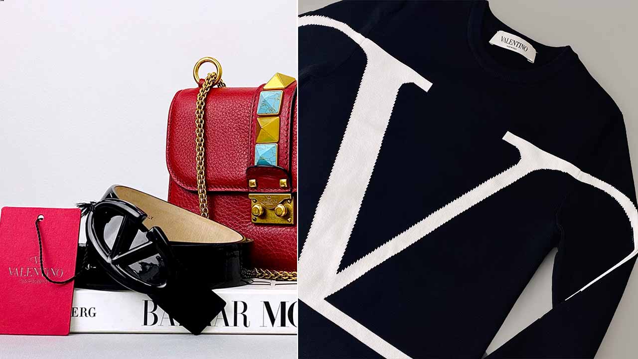 Blusa Valentino VLogo e ao lado foto de cinto valeinto Vlogo com bolsa com Rockstud,