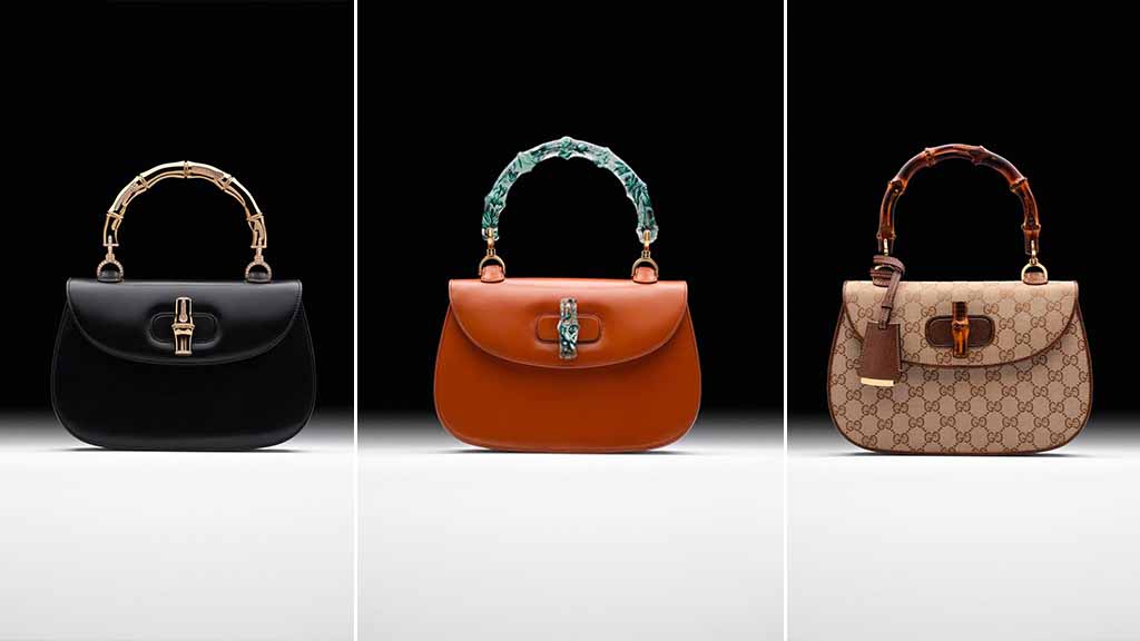 Montagem com 3 bolsas Gucci Babmboo que foram vendidas em um leilão.