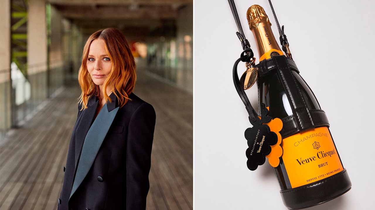 Montagem de duas fotos da estilista Stella Mccartney e a champagne Veuve Clicquot.