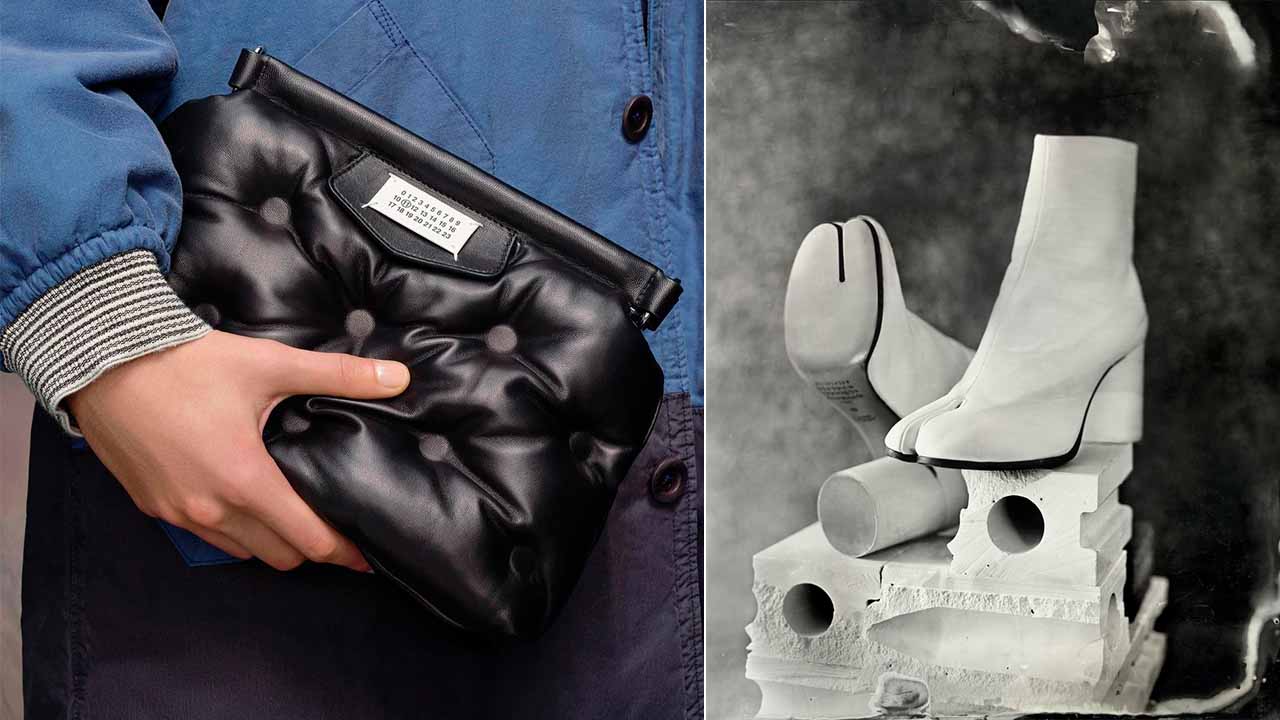 Montagem com duas fotos da Maison Margiela, sendo uma delas a Bolsa Glam Slam e a outra o Sapato Tabi.