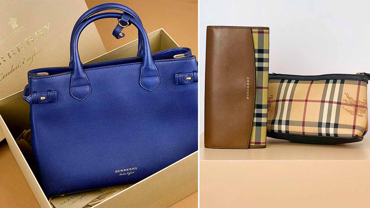 Montagem com duas fotos de bolsas Burberry.