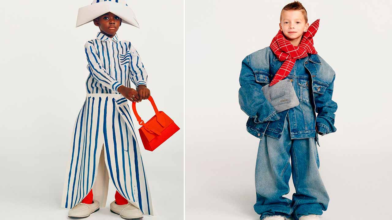 Montagem de duas fotos de meninos usando a coleção infantil da Jacquemus.