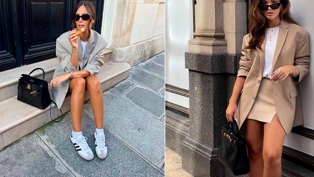 Montagem com dois Looks com blazer para trabalhar em dias de calor.