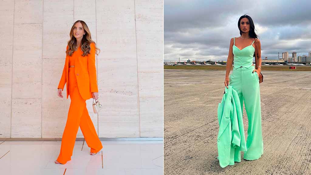 Montagem de duas fotos de mulheres usando inspirações de looks para trabalhar no calor com conjuntos.