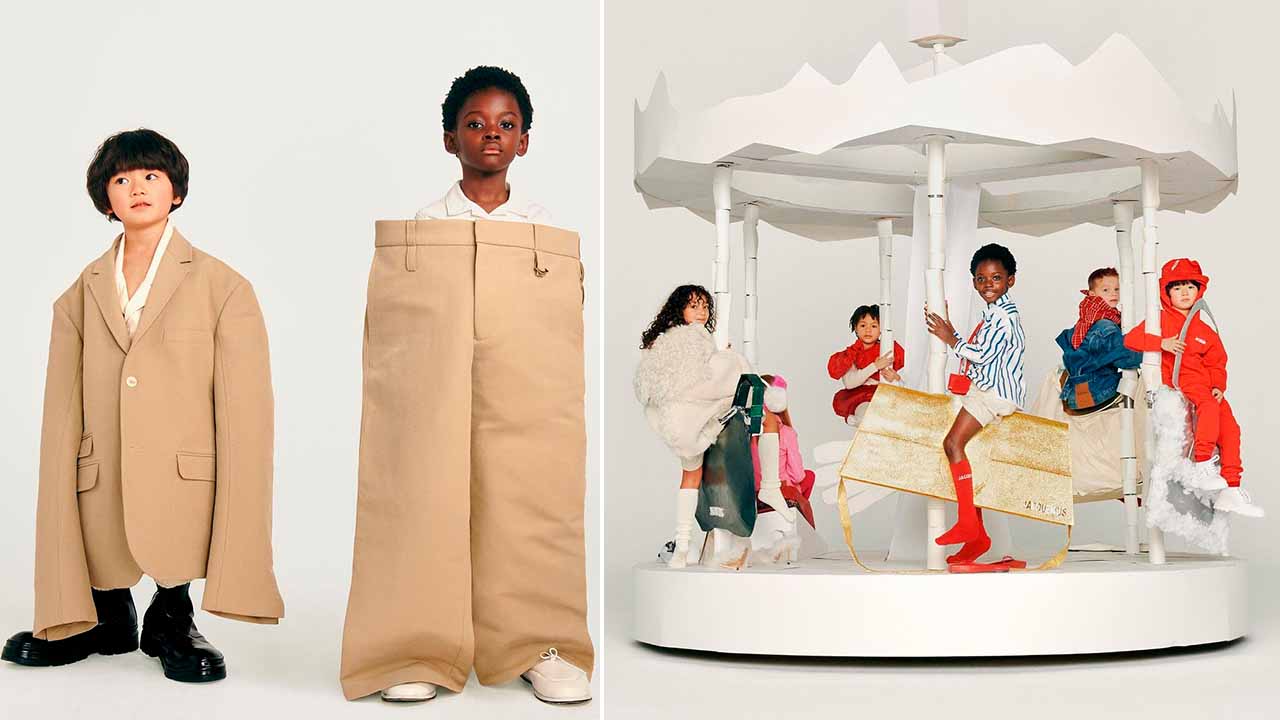 Montagem com duas fotos da campanha da coleção infantil de Jacquemus.