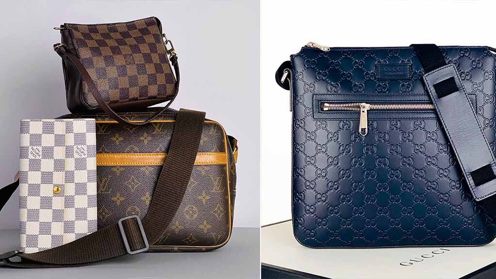 Montagem com bolsas masculinas de luxo para presentear homens nesse natal.
