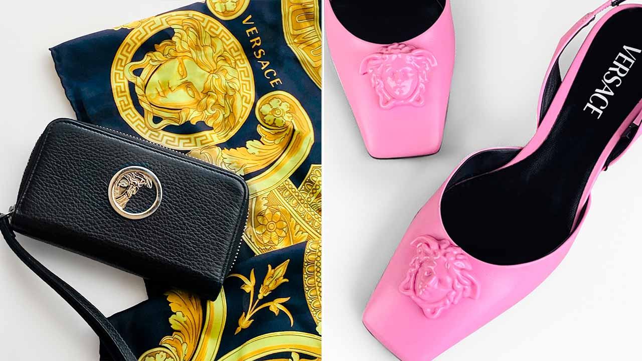 lenço, carteira e sapato Versace.